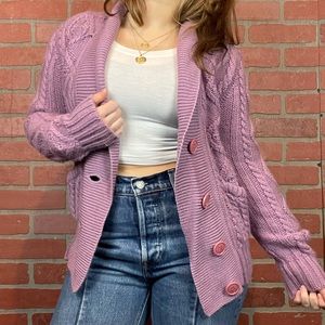 Vintage 100% Wool Lavender Chunky Cable Knit Grandma Cardigan Sweater M